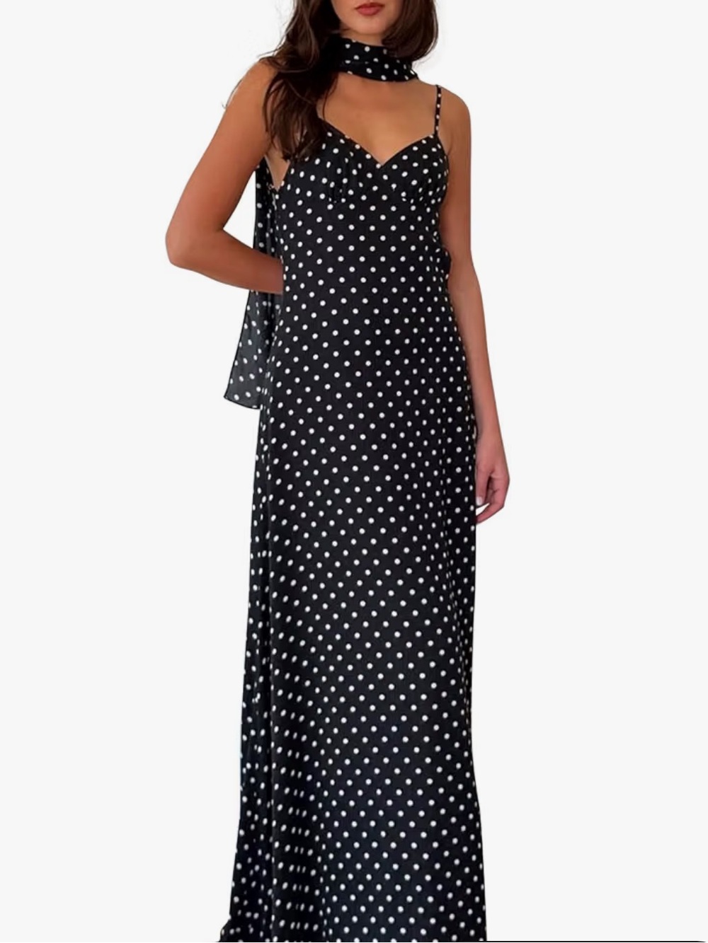 Amazon Black and White Polka Dot Maxi Slip Dress with Neck Scarf